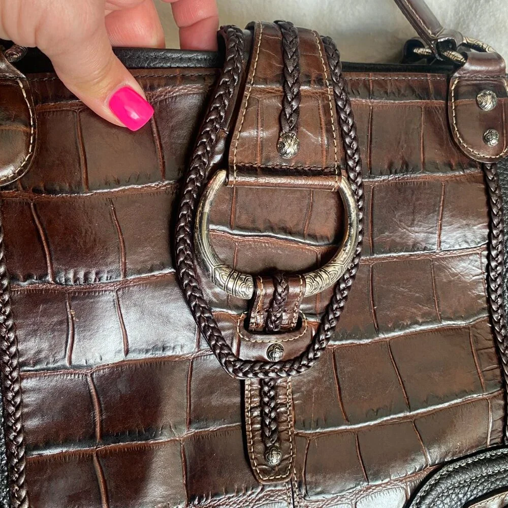 Brighton Croc Embossed Leather Tote Brown & Black Braided Detail - Picture 10 of 16